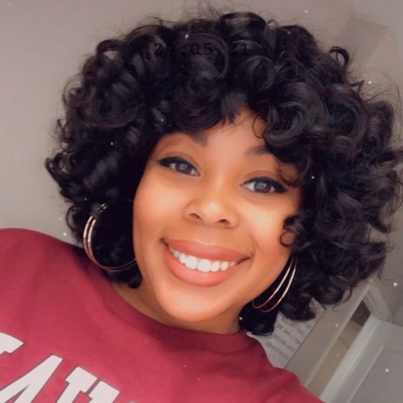 Human Hair Wigs With Bangs Full Machine Made Short Loose Curly Bob Wig For Women