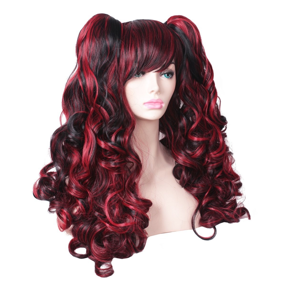 Long Curly Multi-Color Cosplay Wig with 2 Ponytails Black with Red