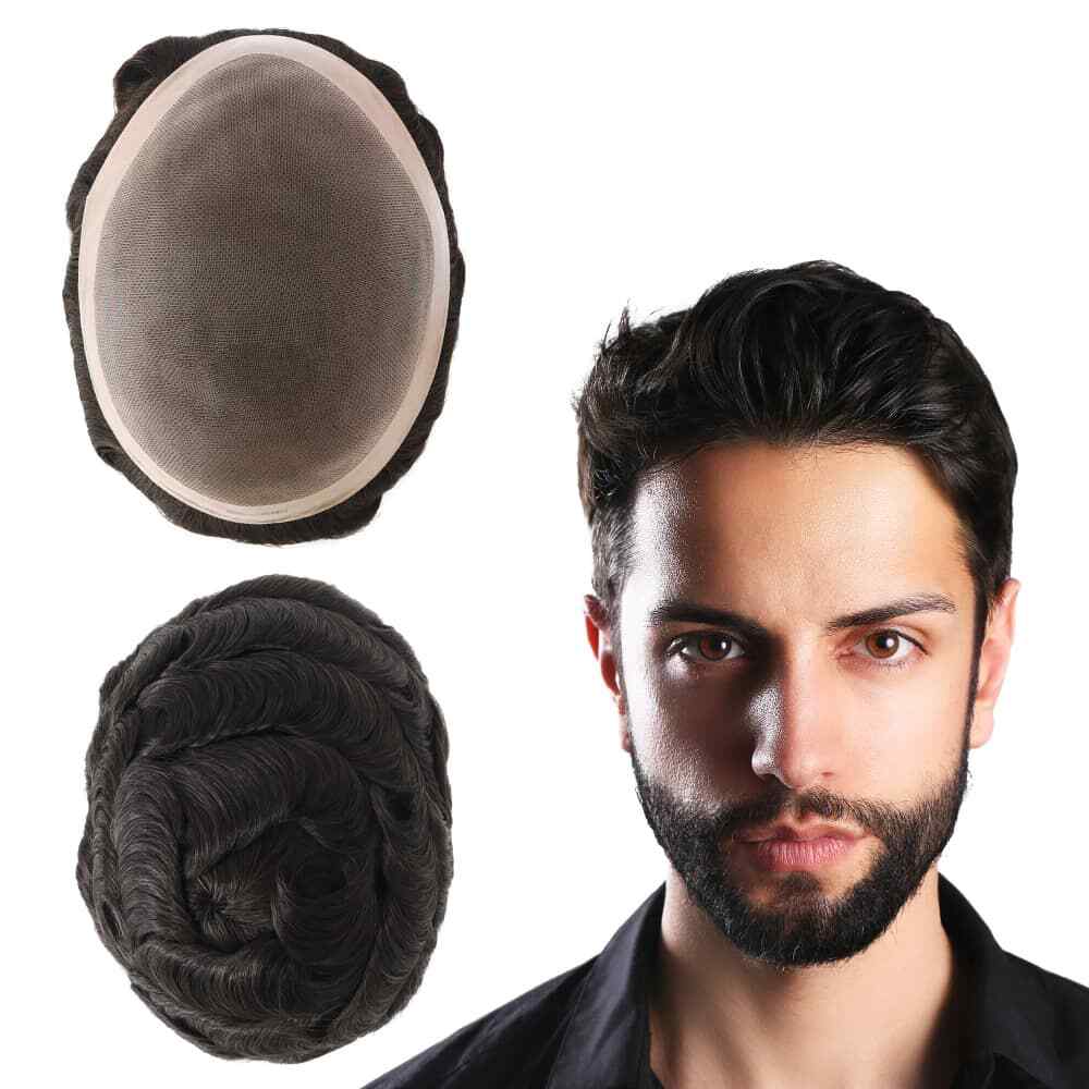 Mens Human Hair Replacement System Durable Fine Mono Poly Skin Hairpiece Toupee
