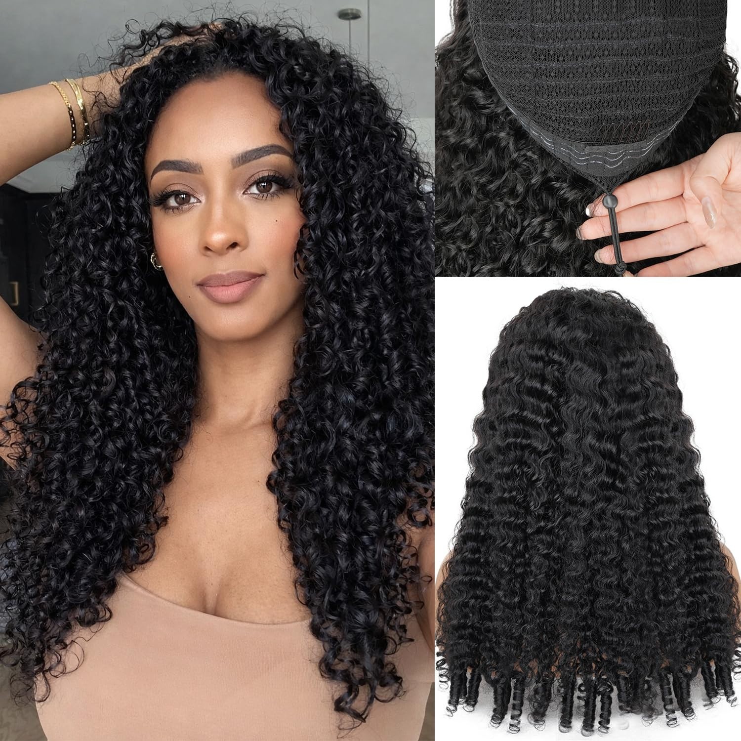 200% Density Curly Half Wig Human Hair – Drawstring, Seamless, Quick Install, 26