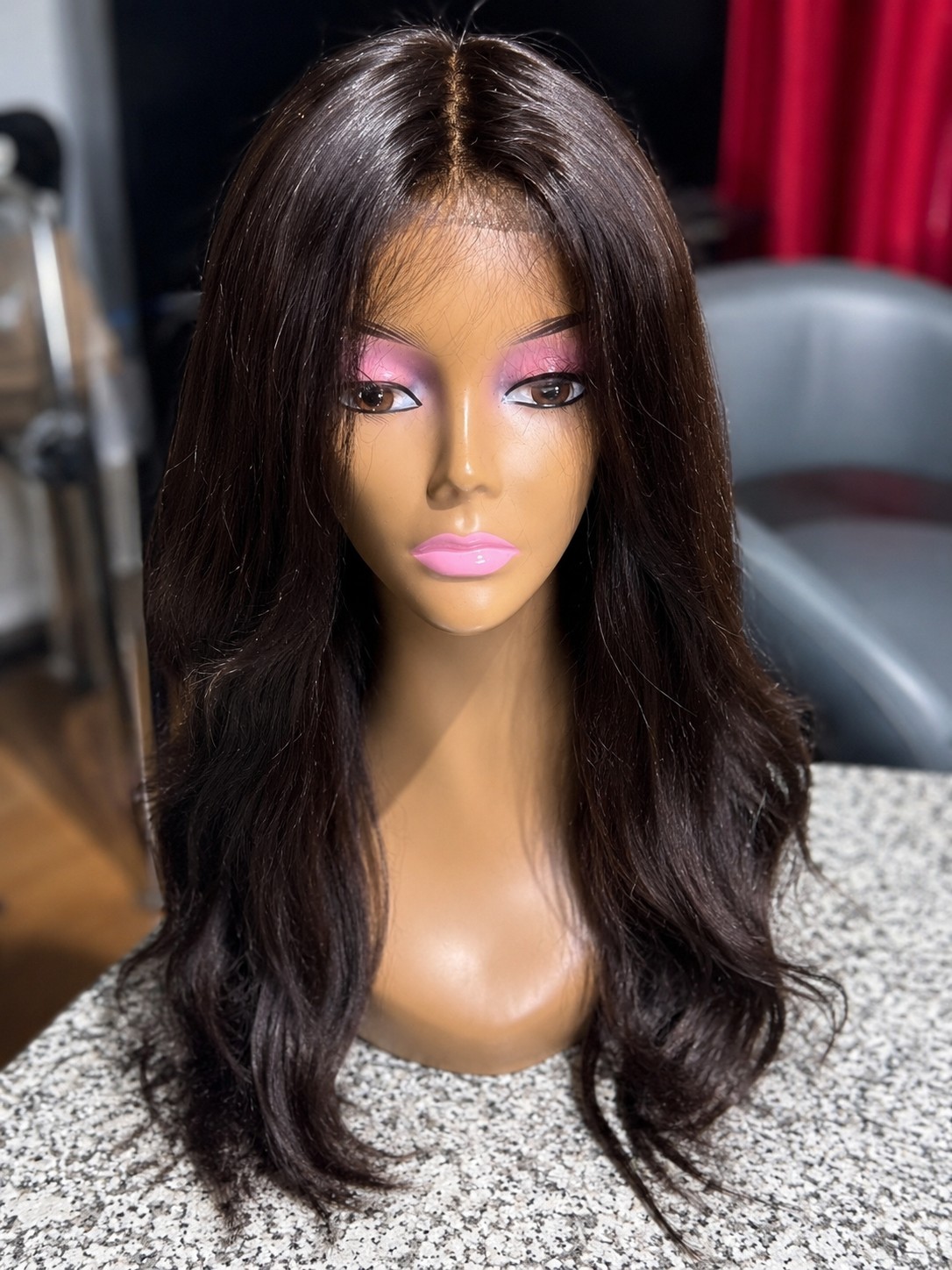 Human Hair Wig Dark Brown Black Middle Part Ready To Wear Natural Look