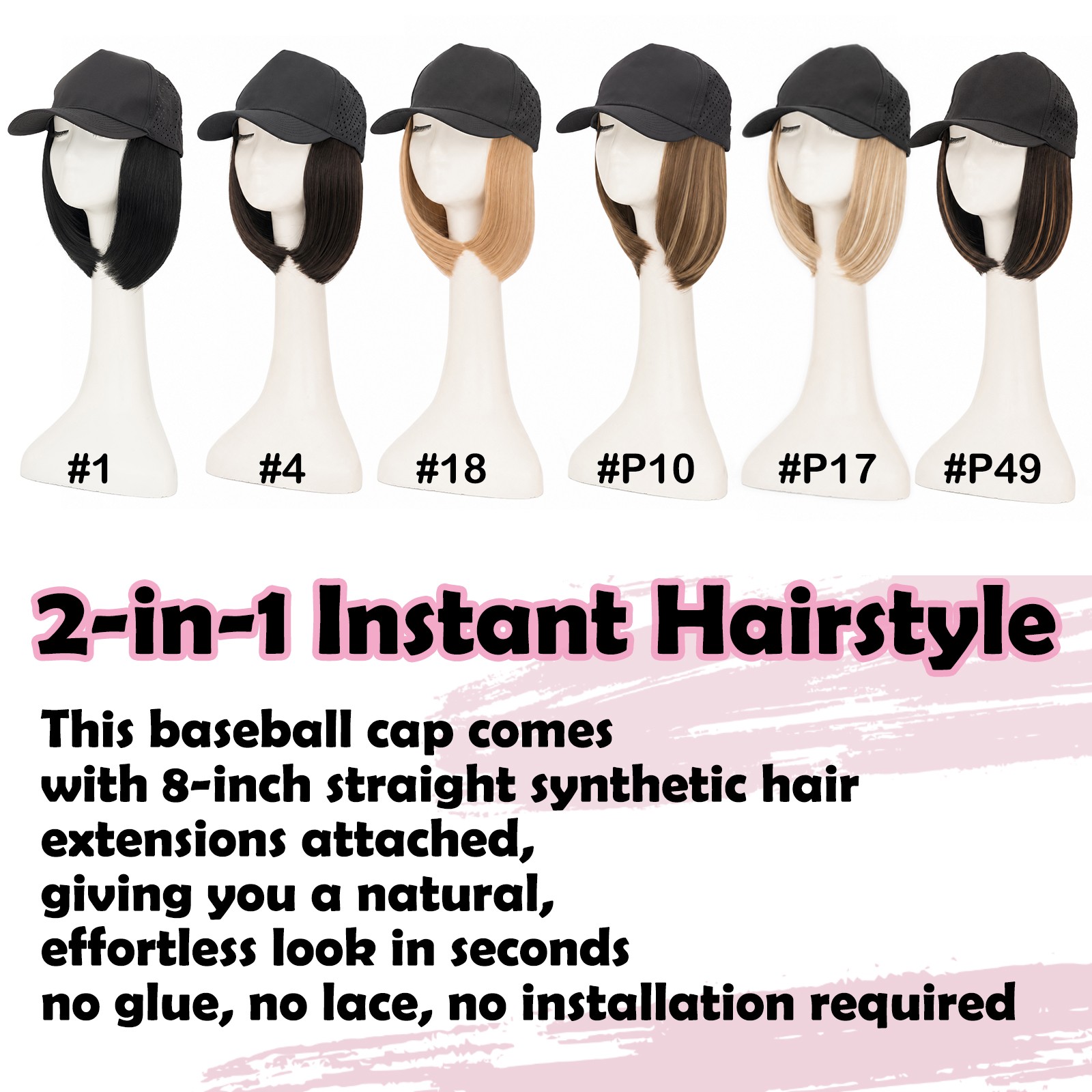 Natural Women Baseball Cap with Hair Extensions Hat with Hairpiece Straight 8in