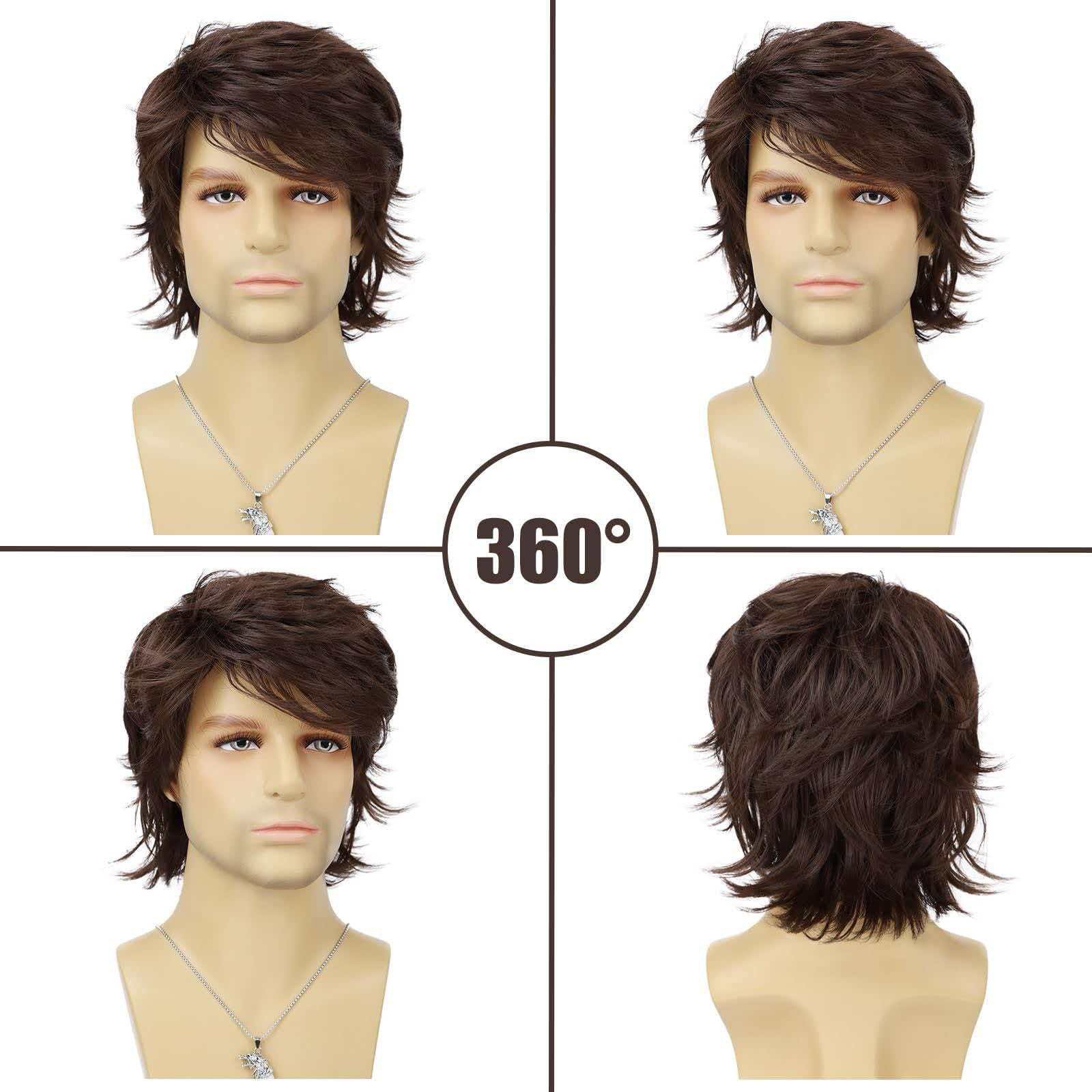 Men’s Short Brown Wavy Wig 8in Full Cosplay Heat Resistant Synthetic Party Daily