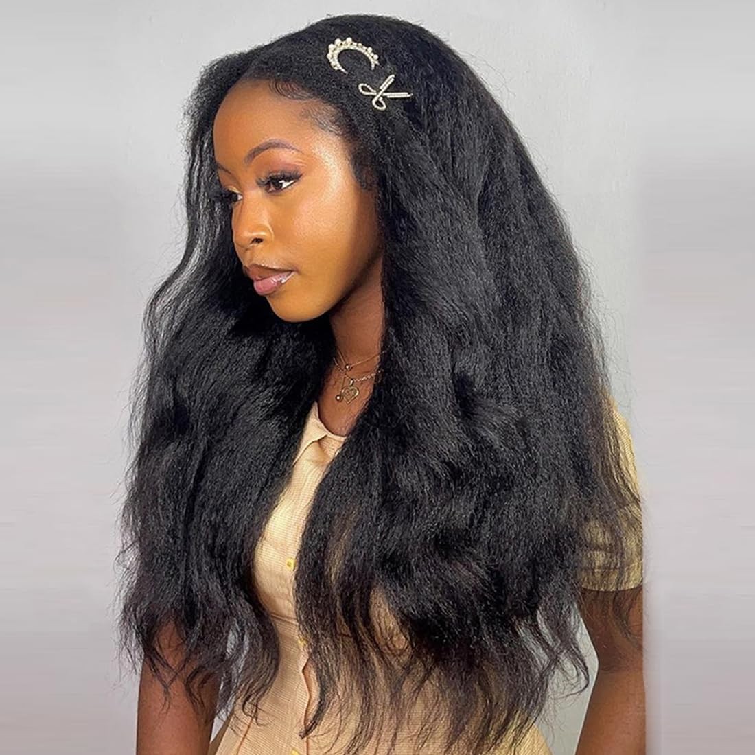 Oq Hair Kinky Straight Half Wig Human Hair Adjustable Drawstring 180 Density 3
