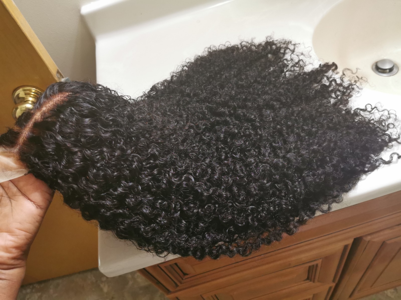 Quality Natural Black Jerry Curly Human Hair Glueless Closure Wig 24″ Handmade