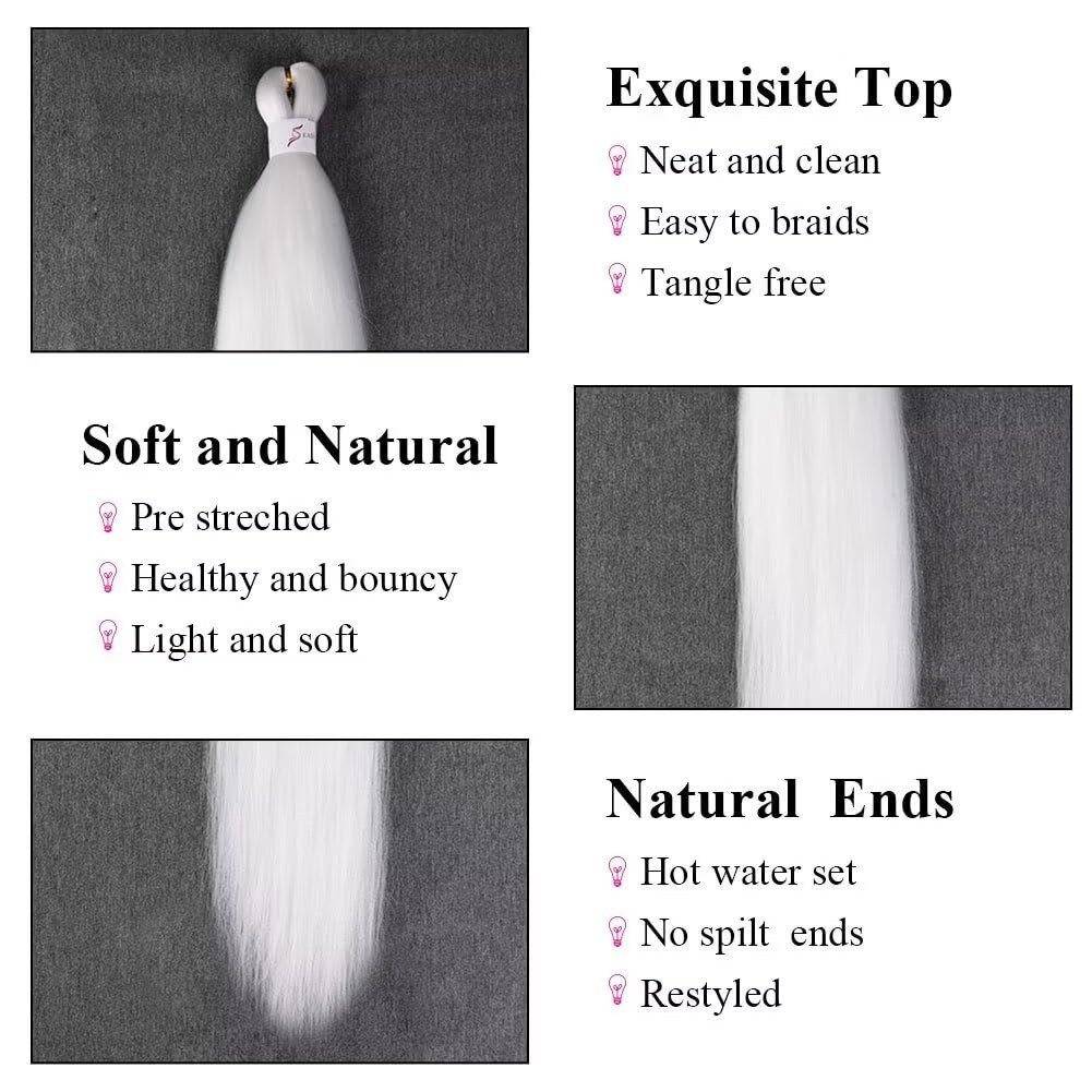 White Braiding Hair 26 Inch Pre Stretched Easy Hair 2 Packs Synthetic Crochet Bo