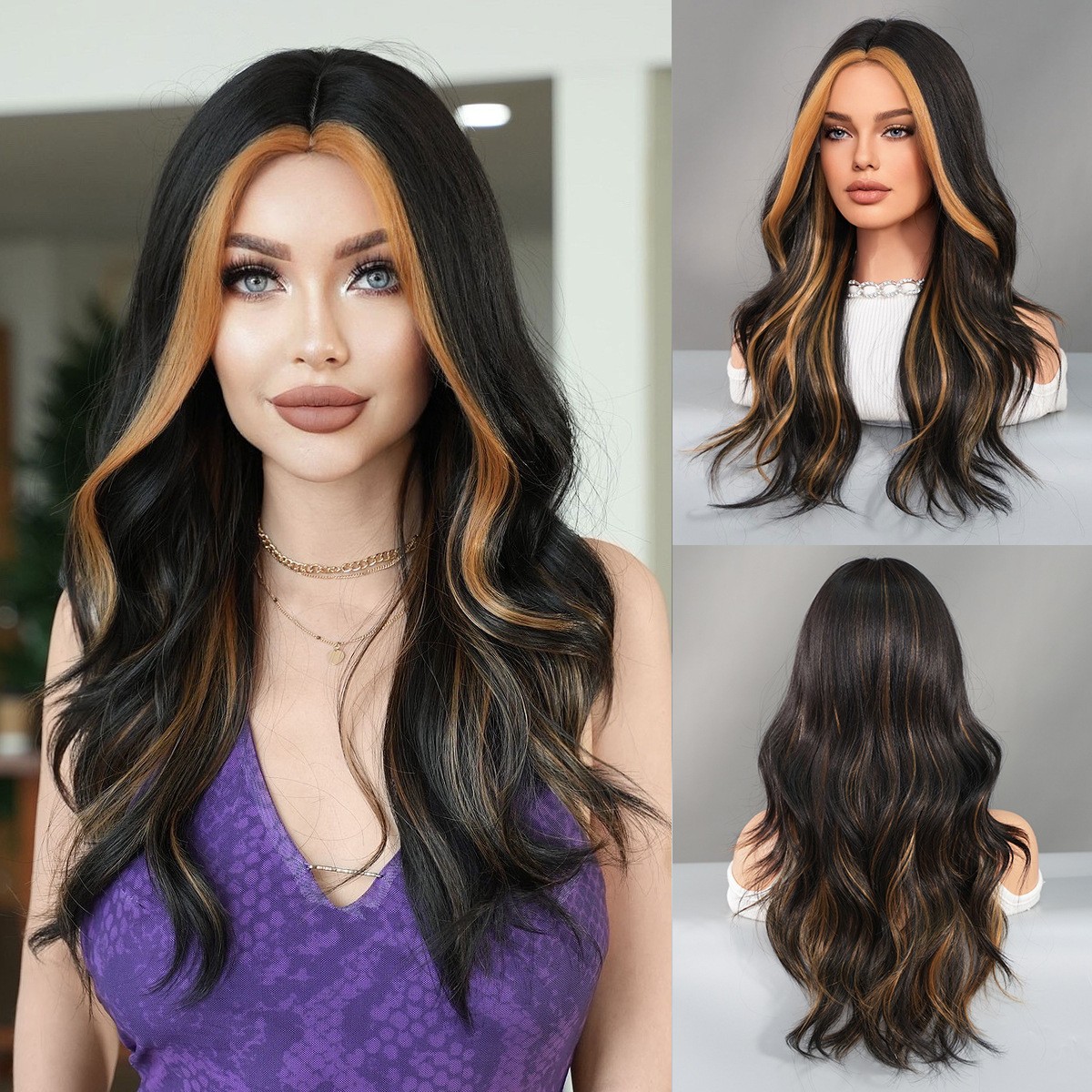 Multi Color Optional Middle Part Highlight Long Curly Wig Body Wave Synthetic