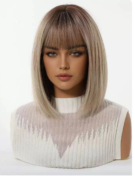 Short Bob Hairstyle Rooted Blonde Mix Synthetic Fiber Heat Ok Wig Women Soft