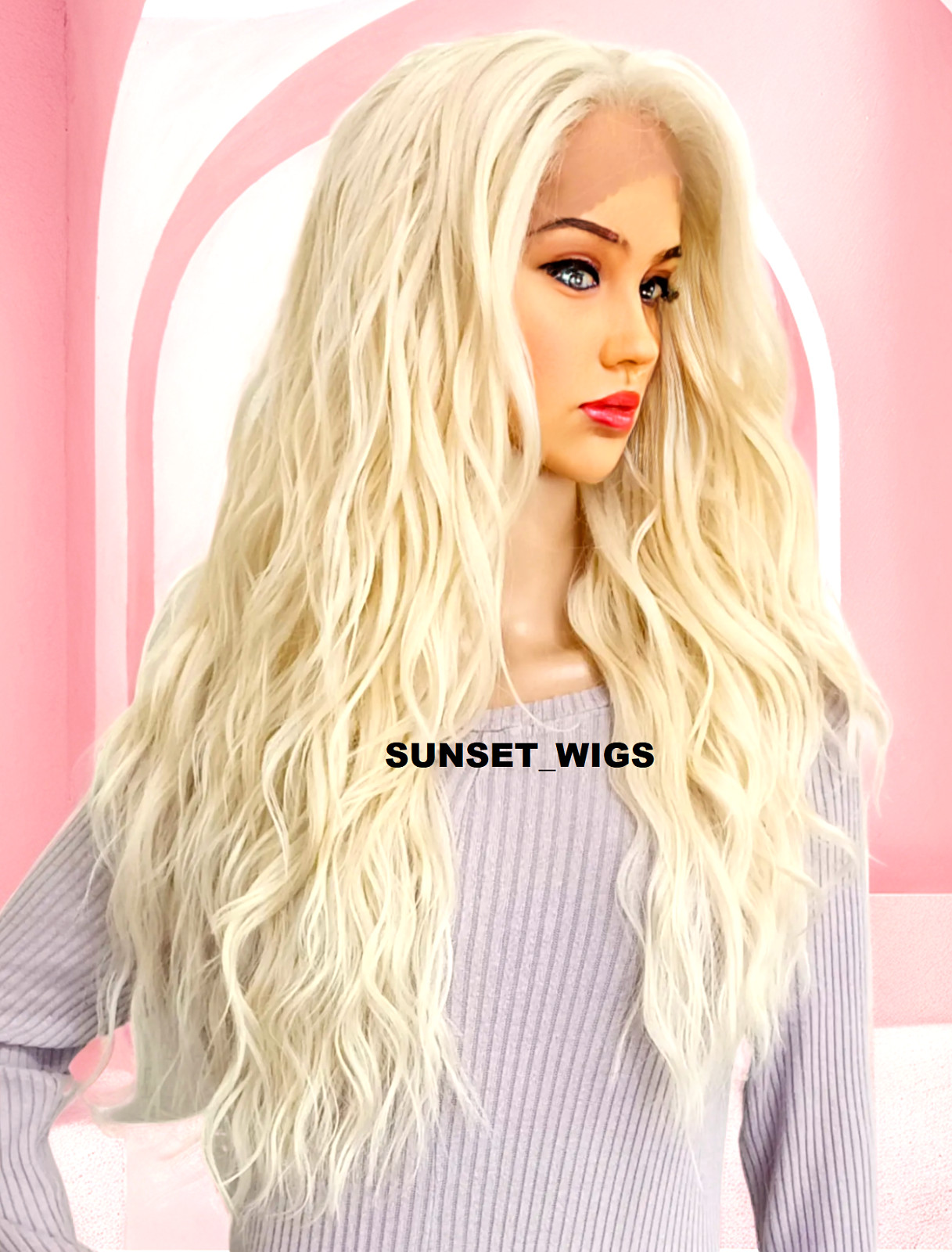 360 FREE PART HUMAN HAIR BLEND LACE FRONT WIG LONG WAVY PLATINUM BLONDE #613A