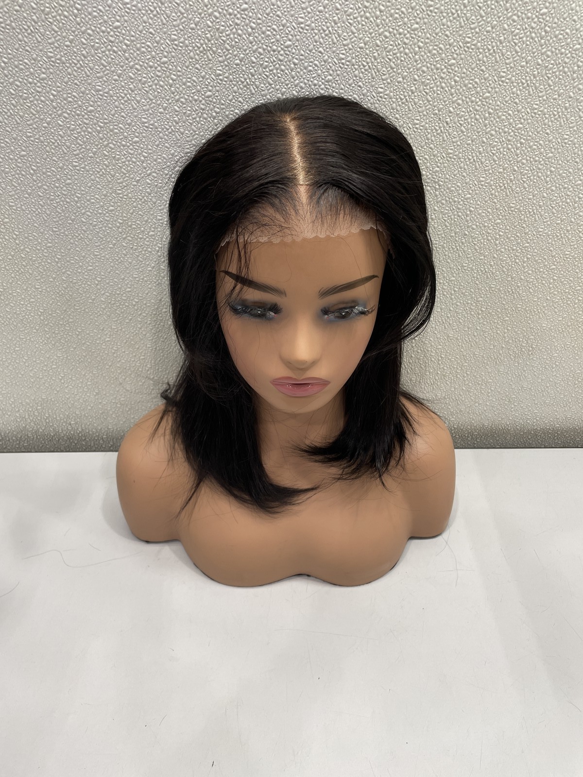 WestKiss 14″ Natural Black Layered Human Hair Lace Front Bob Wig, 180% Density