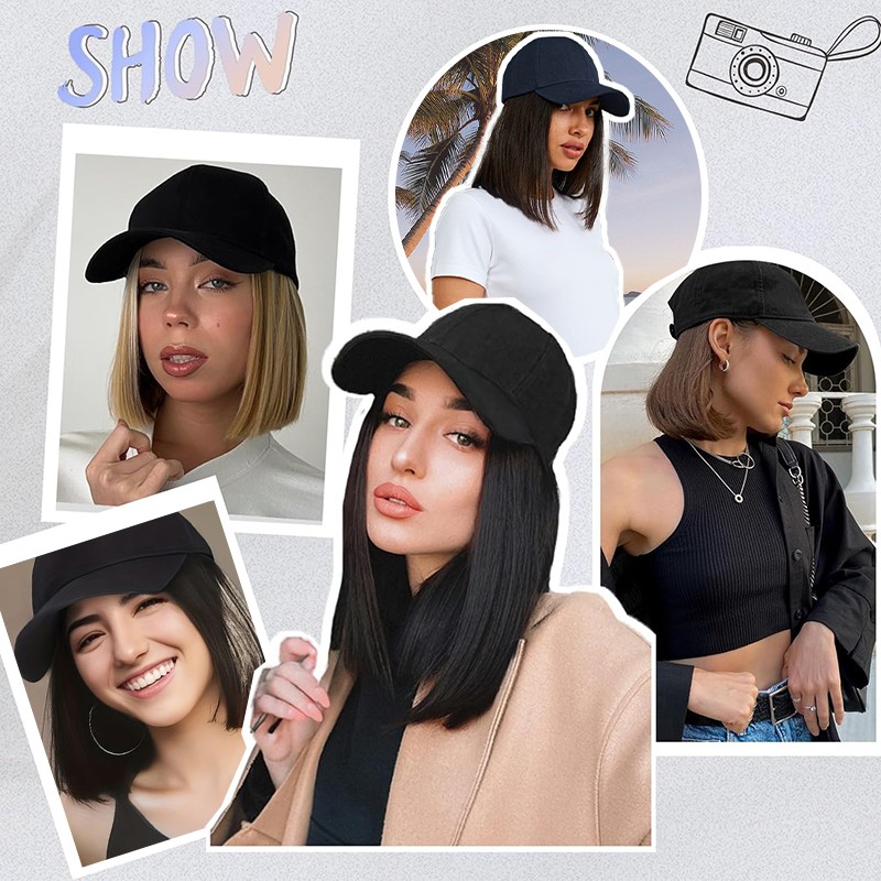 8 In Hat Wig With Hair Attached For Women Black White Brown Baseball Beanie Cap