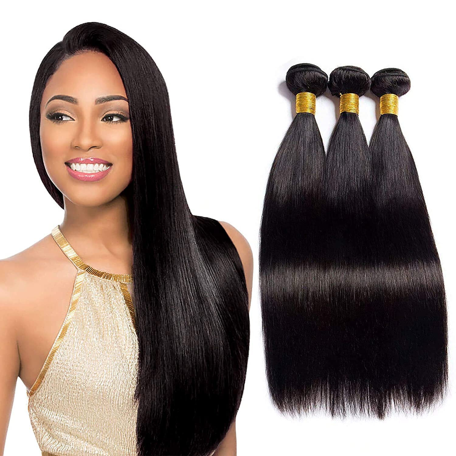 1B Straight Bundles Yaki Hair 3 bundle deal 10 12 18 Inch weave black synthetic