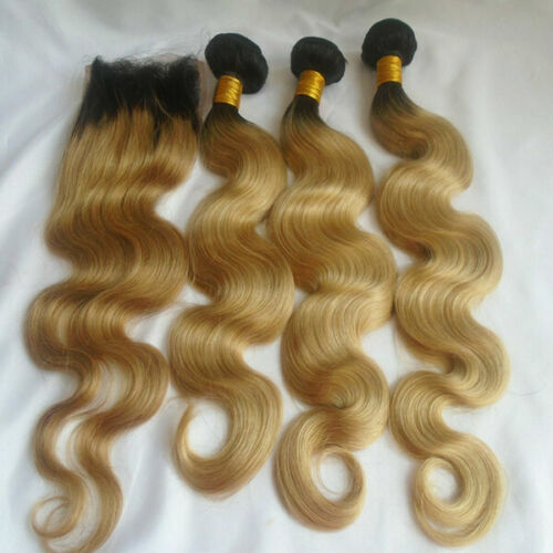 12A PERUVIAN HUMAN HAIR WEFT 3/4BUNDLES+LACE TOP CLOSURE 1B#/27 DARK ROOT OMBRE