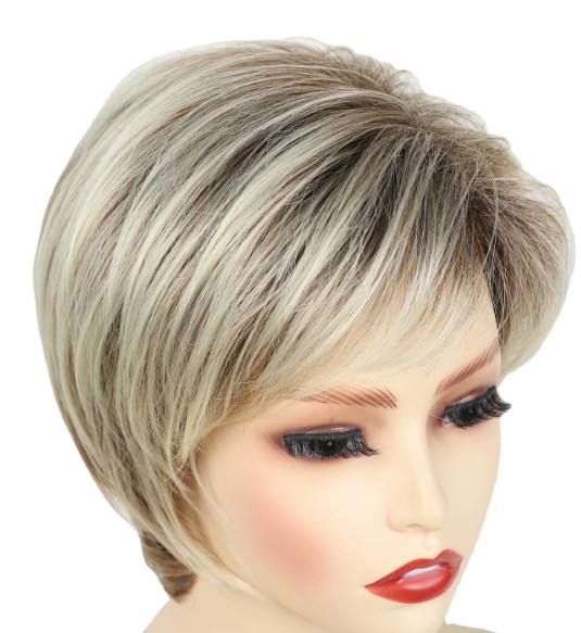 Short Straight Rooted Blonde Mix Synthetic Hair Wig Women Soft Natural Daily