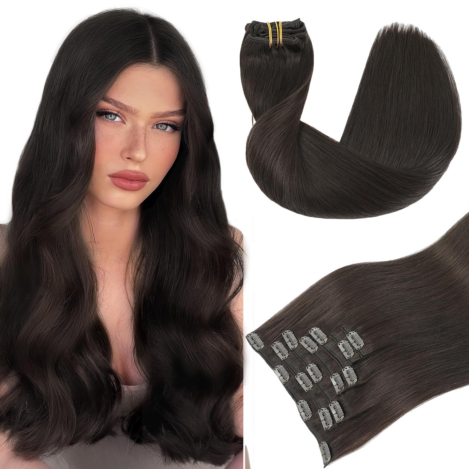20″ Clip-In Human Hair Extensions, Tangle-Free, Thick Ends, 120g, Dark Brown