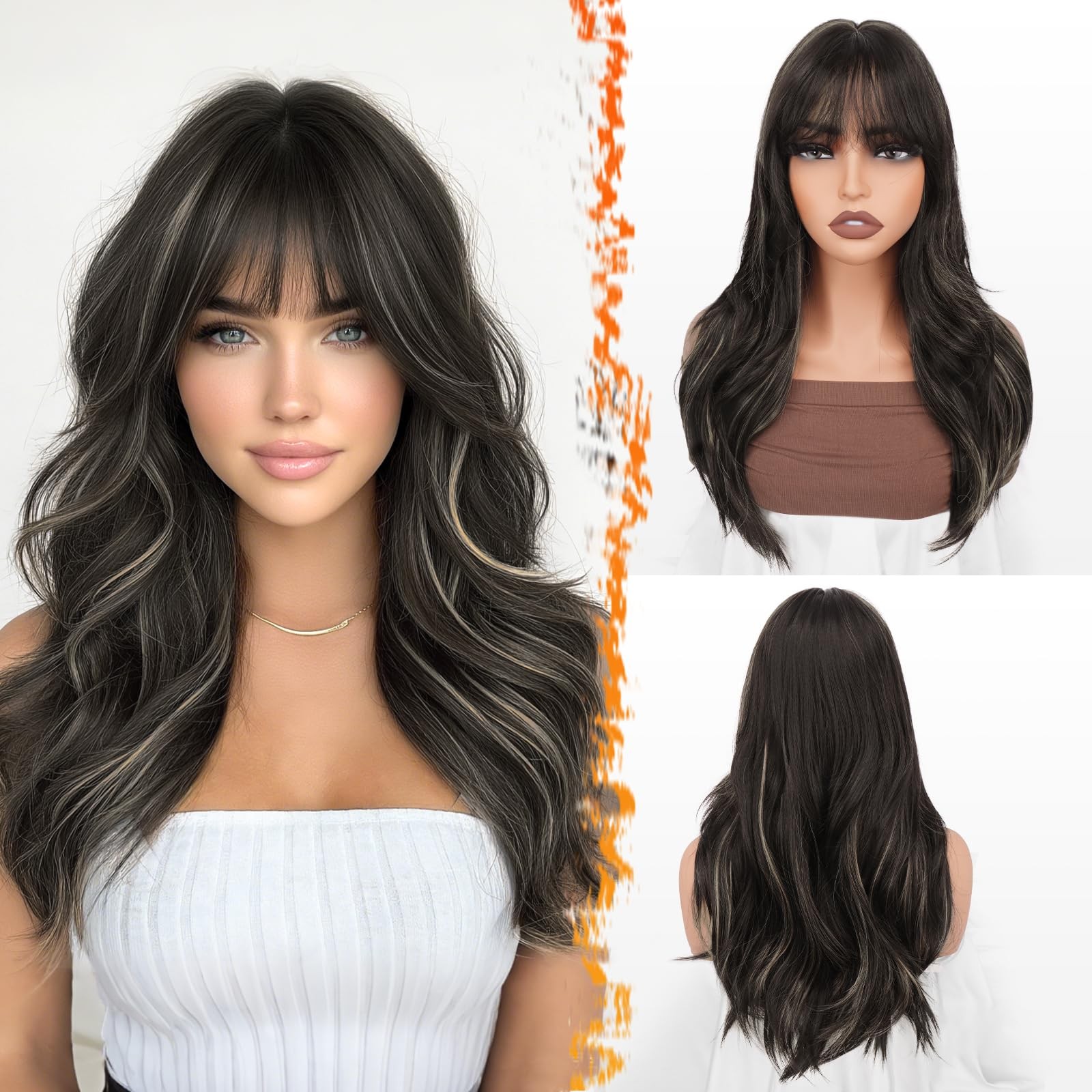 Brown Blonde Highlight Layered Wig with Bangs – 20 Inch Layered Wig with Bang…