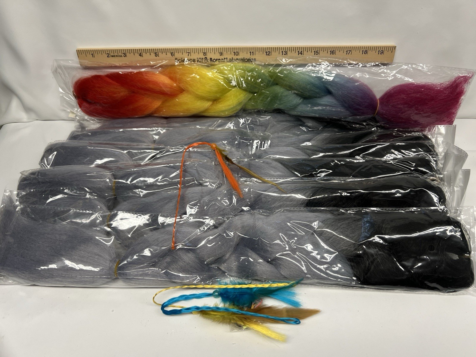Set of 6 Black/Silver/Grey Braiding Hair and 1 Rainbow New Aqinbel