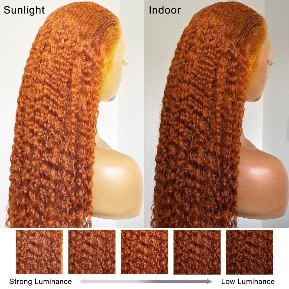 30″ Ginger Human Hair Wig – 13×6 Deep Wave Lace Front, 200 Density Curly Orange,
