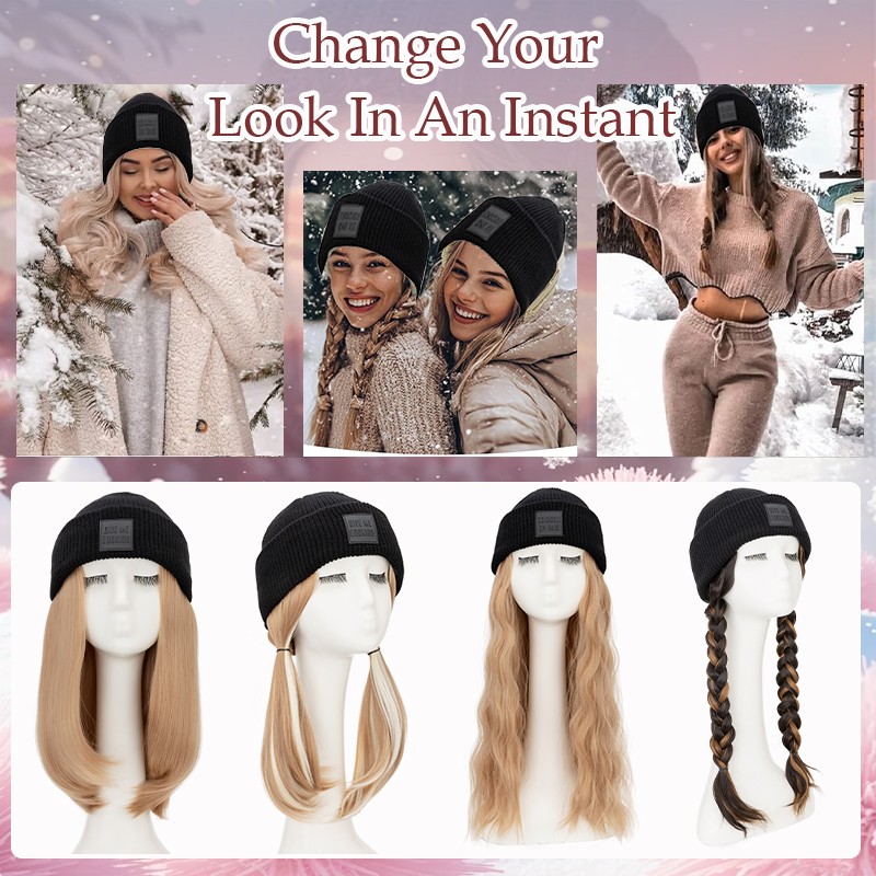 8 In Hat Wig With Hair Attached For Women Black White Brown Baseball Beanie Cap