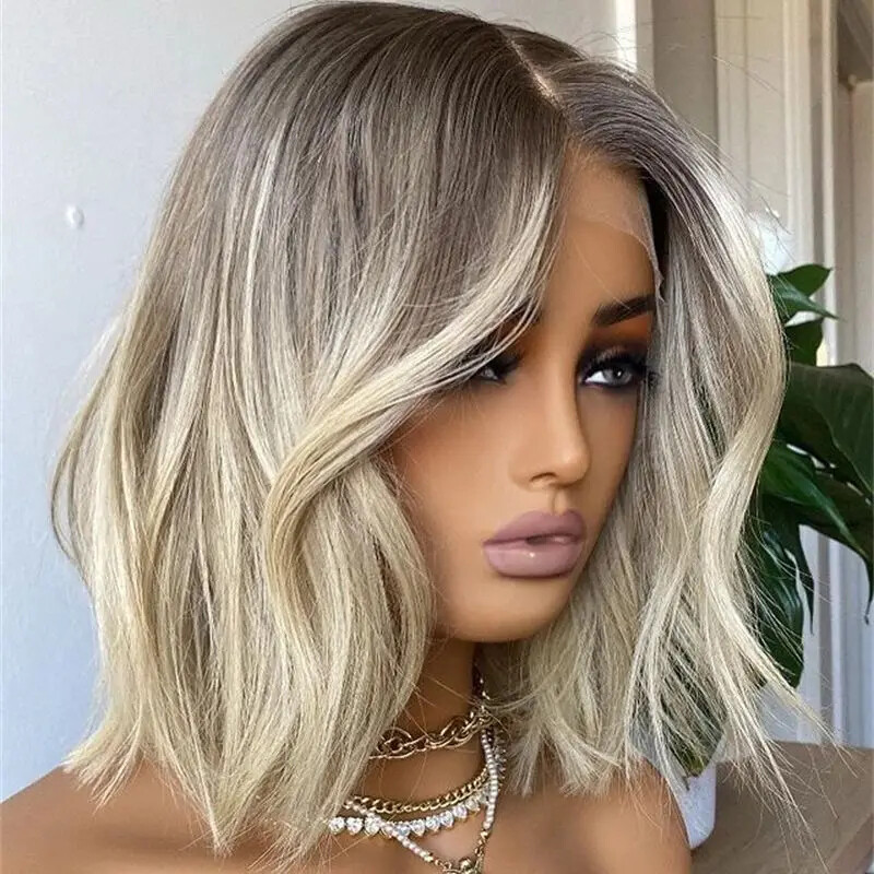 100% Human Hair Ombre Ash Blonde Short Bob Lace Front Wig Brazilain Natural Wigs