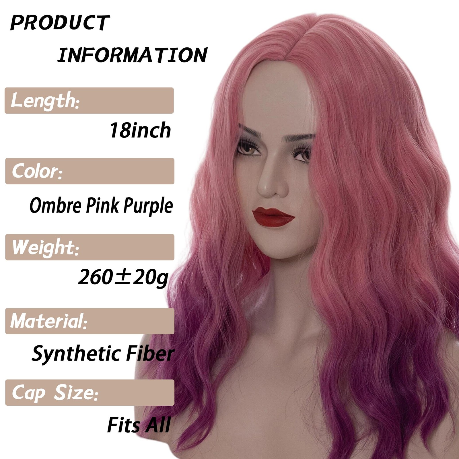 18″ Long Wavy Curly Ombre Pink Purple Synthetic Wig for Women Girls Cosplay W…