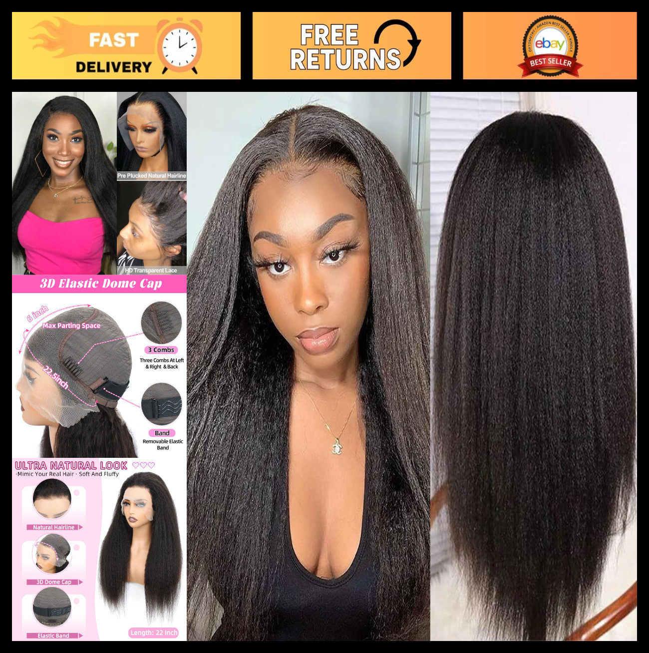 Kinky Straight 13×6 Lace Front Wig 16″ Human Hair, 180% Density, Pre-Plucked, Gl