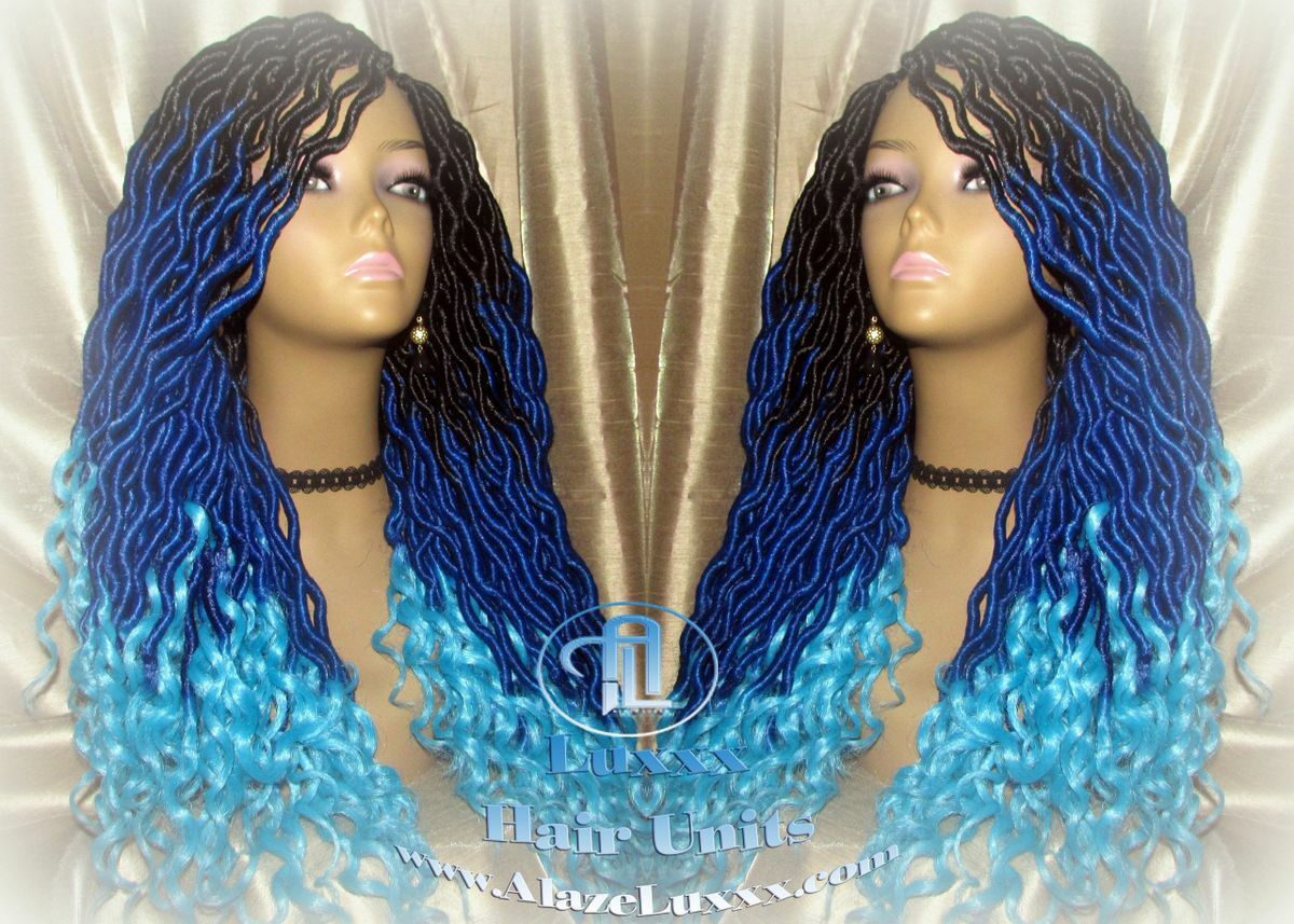Goddess Locs Blue Ombre curly synthetic Mermaid Drag Queen Cosplay Wig Carnival