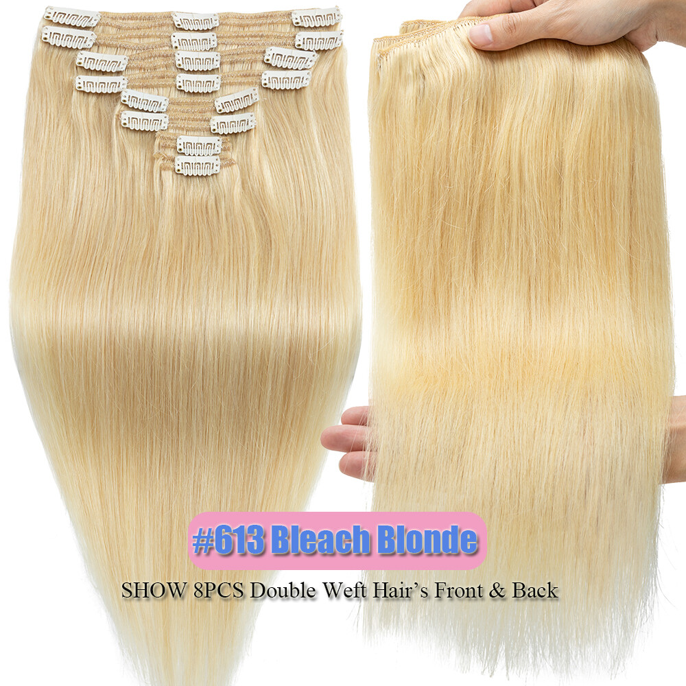 THCIK Double Weft Remy Human Hair Clip In Real Hair Extensions Full Head 8PCS US