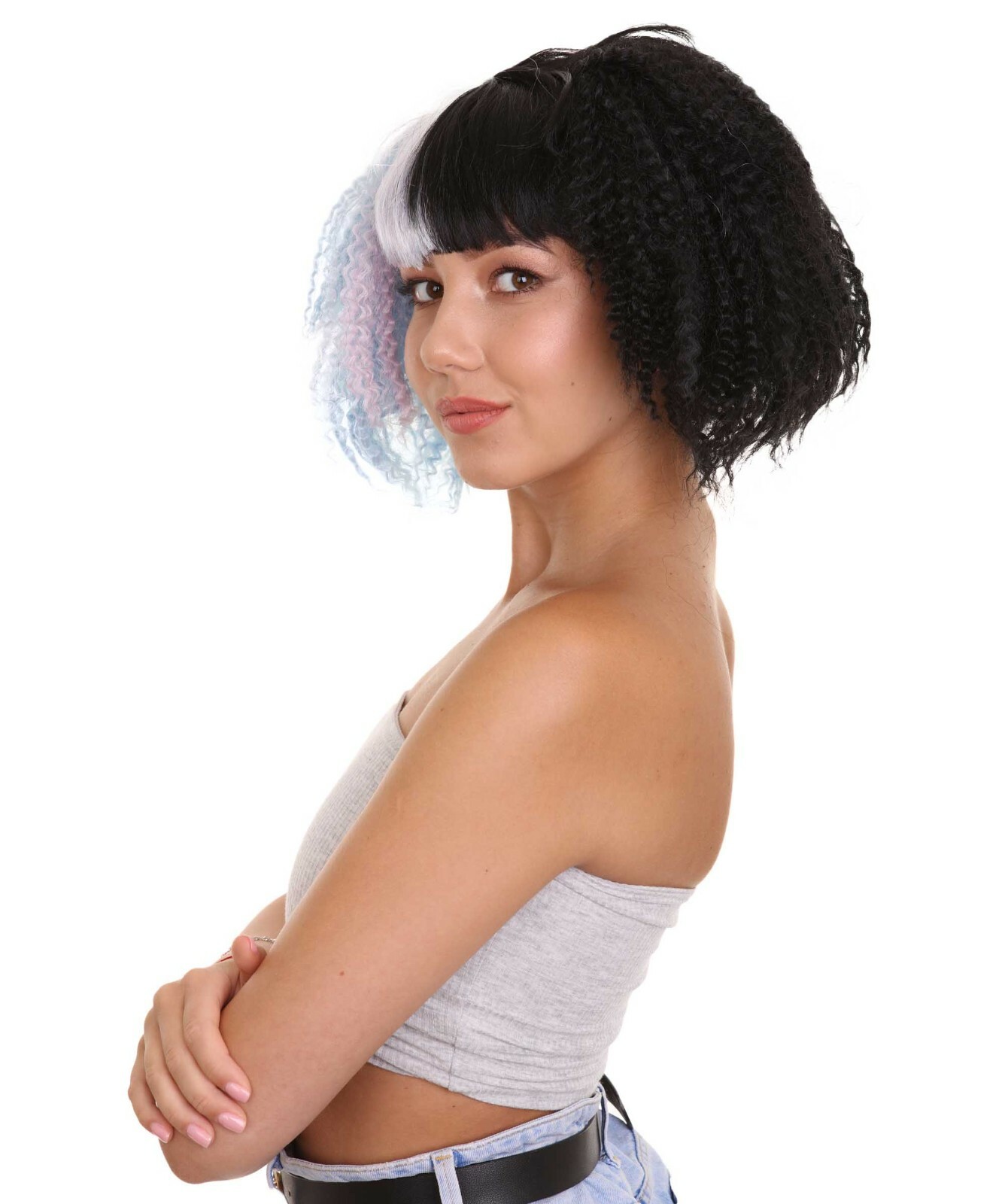 Adult Womens Crimped Ponytail Wig, Light Blue & Black Celebrity Wig, HW-1433
