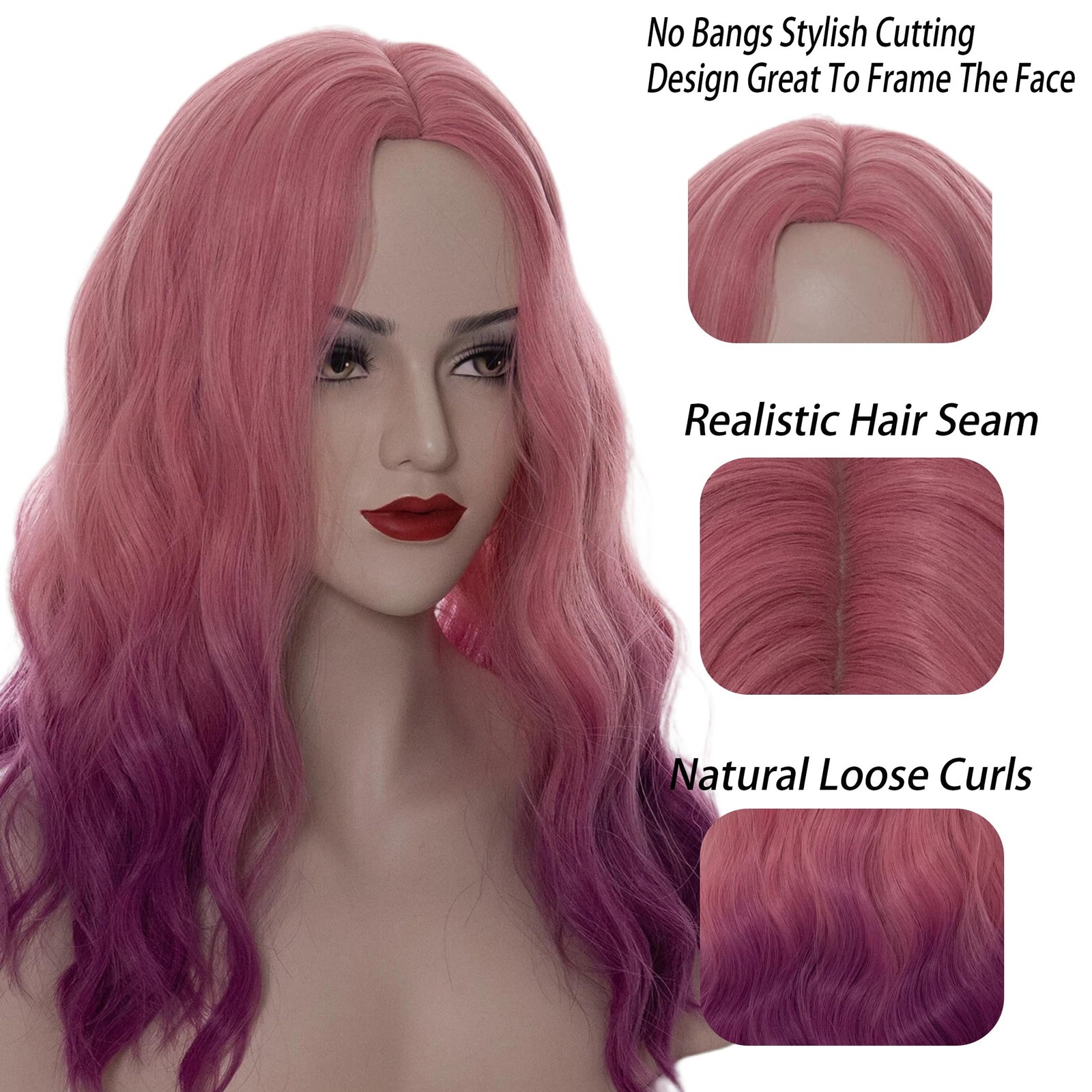 18″ Long Wavy Curly Ombre Pink Purple Synthetic Wig for Women Girls Cosplay W…