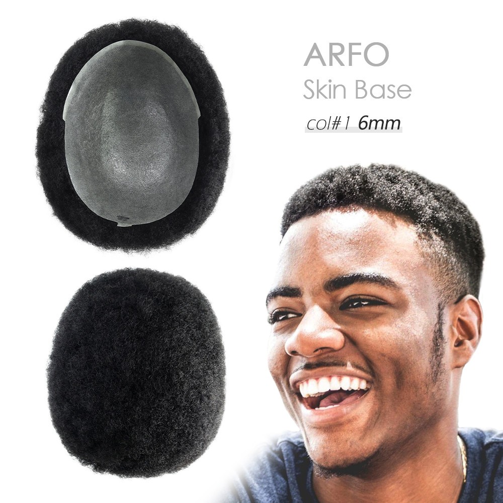 Mens Toupee Human Hair Afro Curl 6mm Poly Skin Black Hair Pieces #1