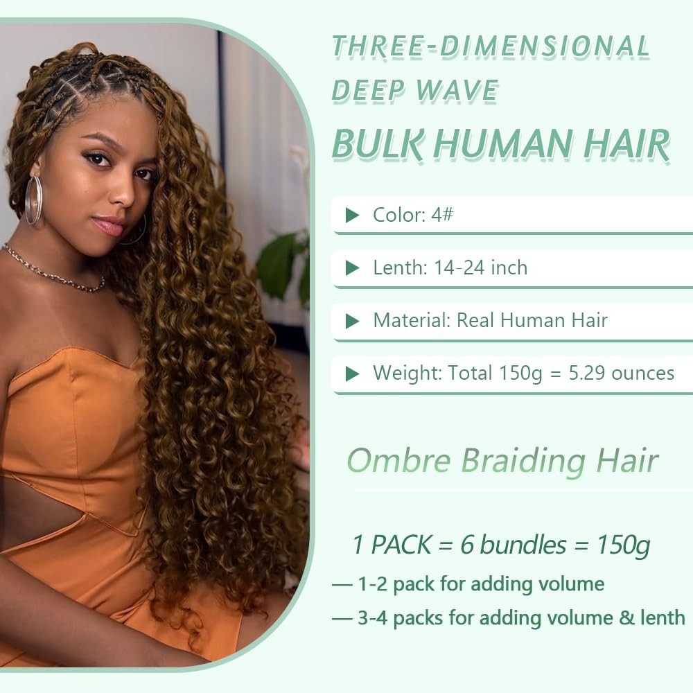 Chocolate Brown Braiding Hair 150g 16 Inch 6 Bundles/Pack Boho Curls Human Hair