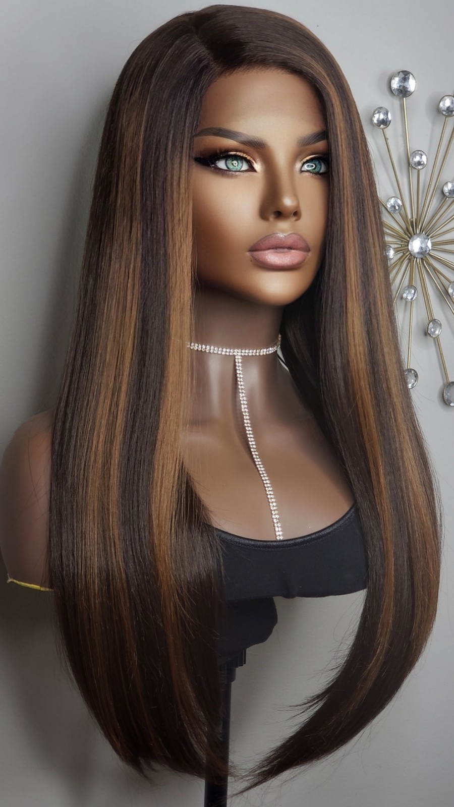 New Long Straight Brown Blonde Black Hair Highlights Lace Front Wig Womens Wigs