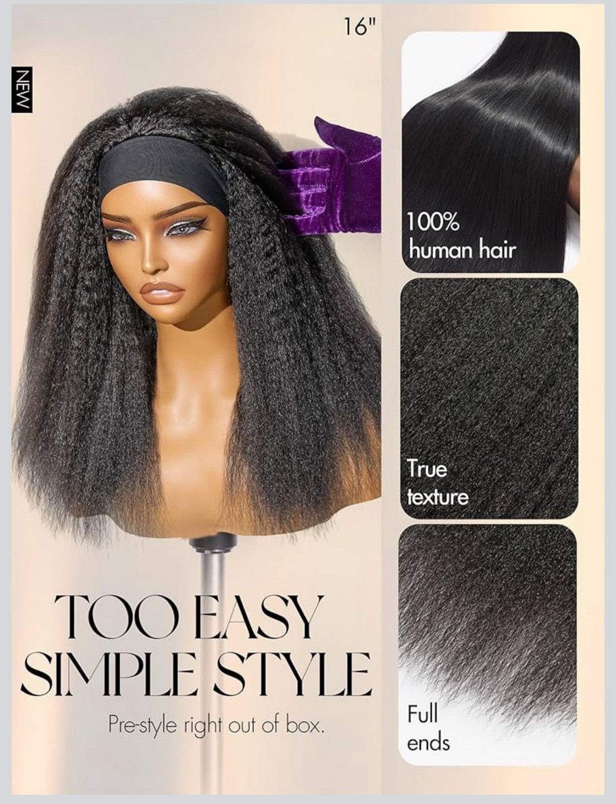 LUVME HAIR Headband Wig Human Hair Kinky Straight Drawstring Half Wig 16”