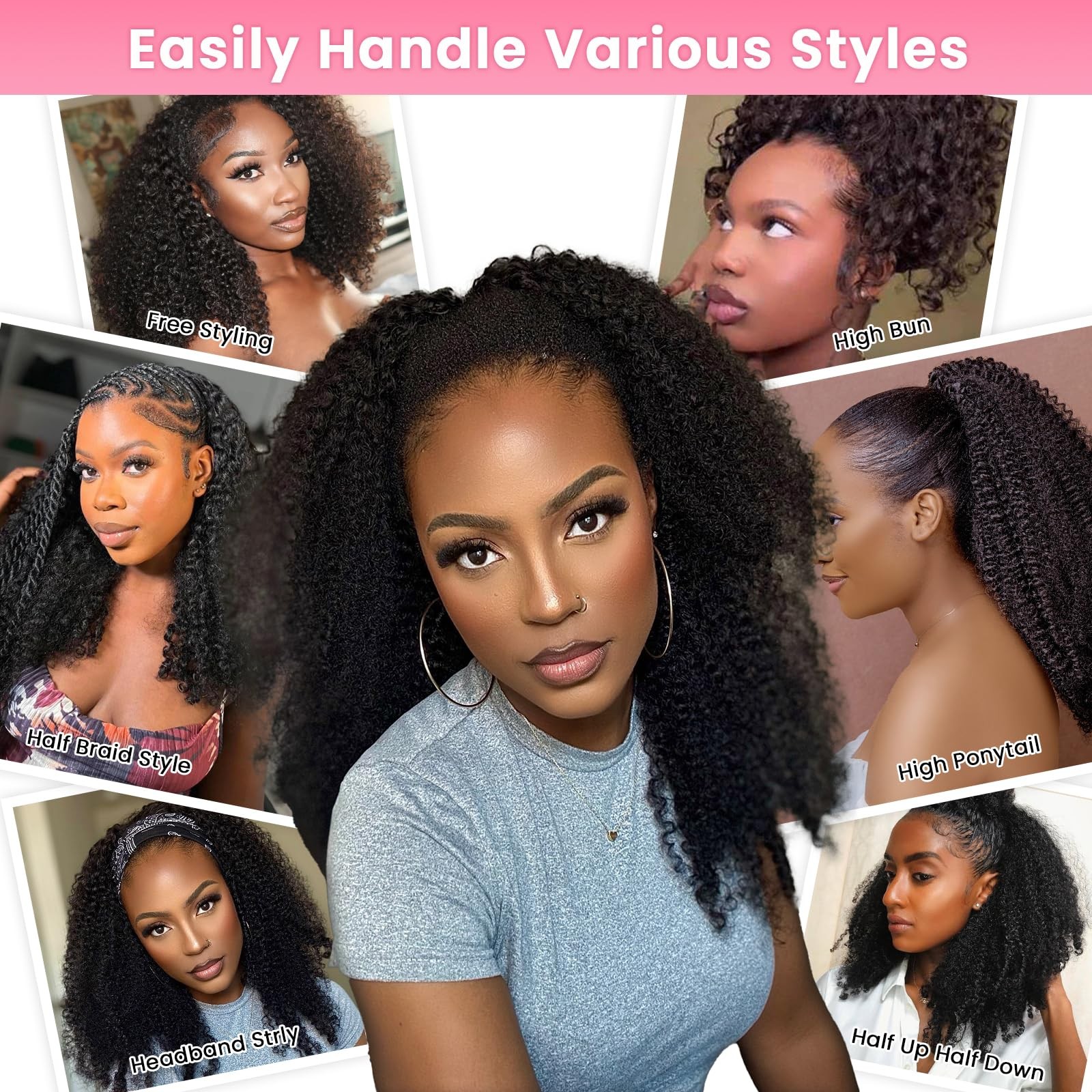 Wowangel Kinky Curly Half Wig Human Hair 3-In-1 Glueless Headband Wig