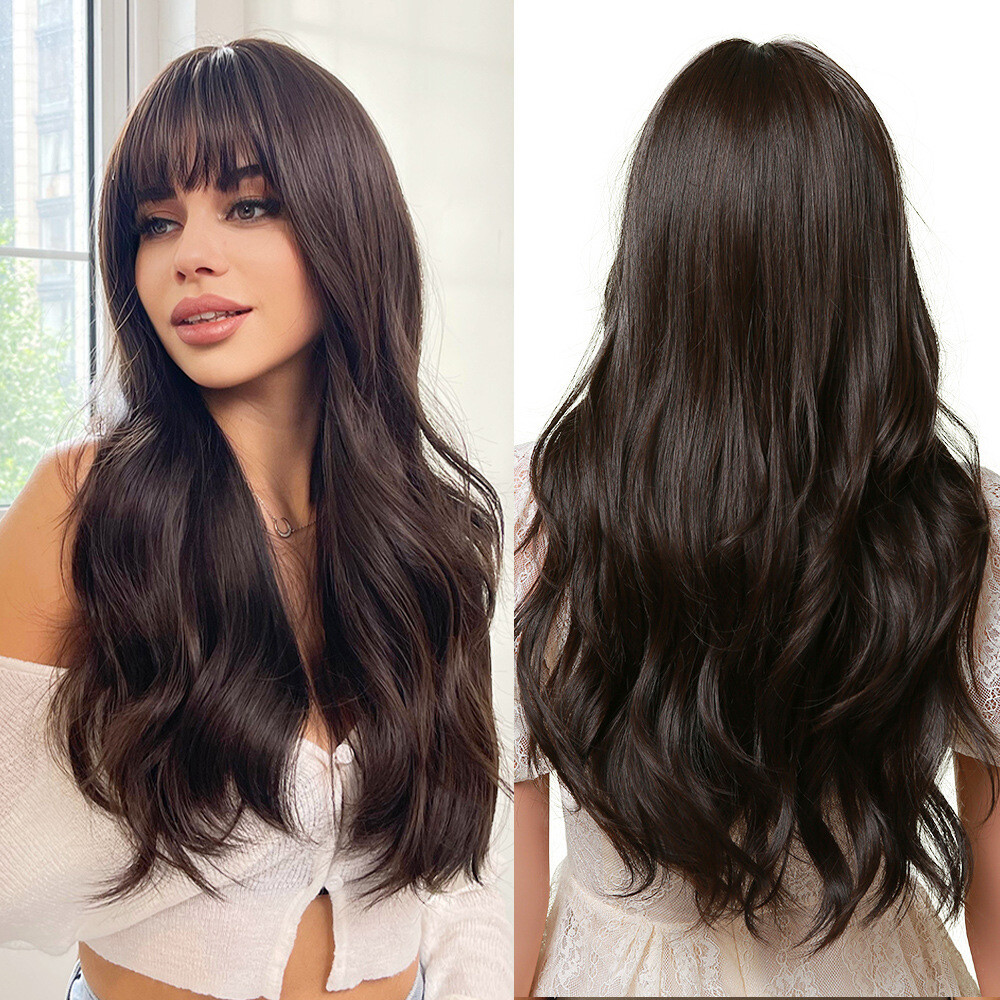 1 Set Long Wigs Lace Front with Bangs Wave Synthetic Hairs Tousy Curl Natural