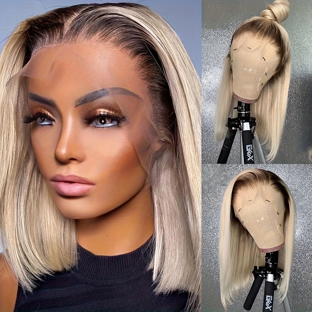 13×4 Synthetic Blonde Hair Ombre Light Ash Blonde Straight Short Bob Wigs Women