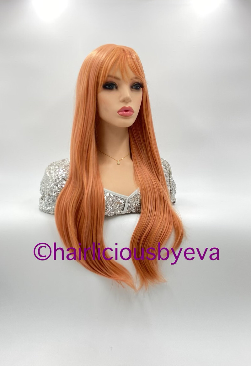 Rose Gold Pink Wig With Bangs Wavy 26 Inch Long Heat Ok