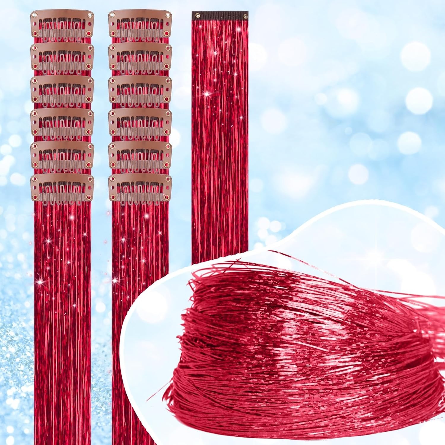 Transform Your Hair with 12 PCS Red Clip-in Glitter Tinsel Extensions – 20 Inch