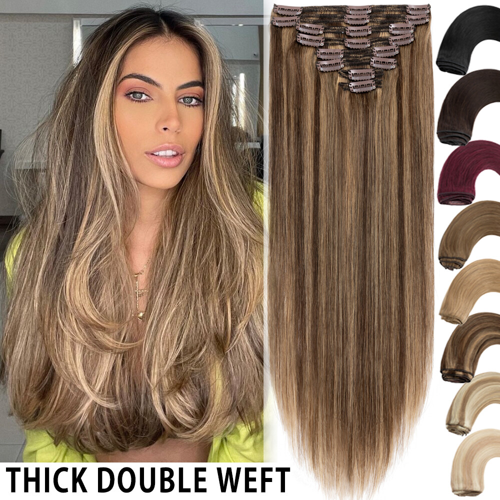 THICK Double Weft Clip in Human Hair Extensions FULL HEAD 200G Highlight 8PCS US