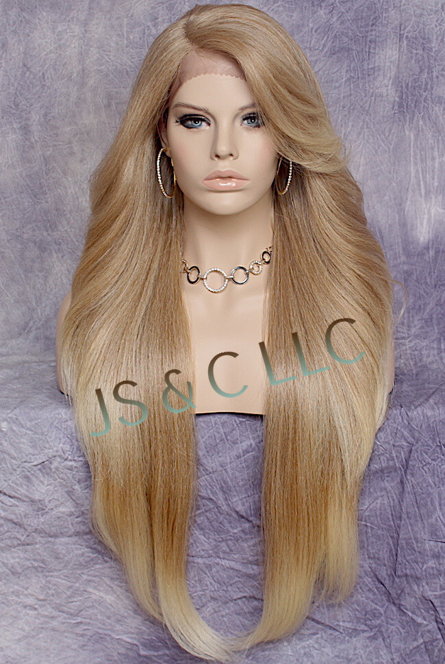 38″ Long Human Hair Blend Full Lace Front Wig Heat OK Blonde mix WEPC 27/613
