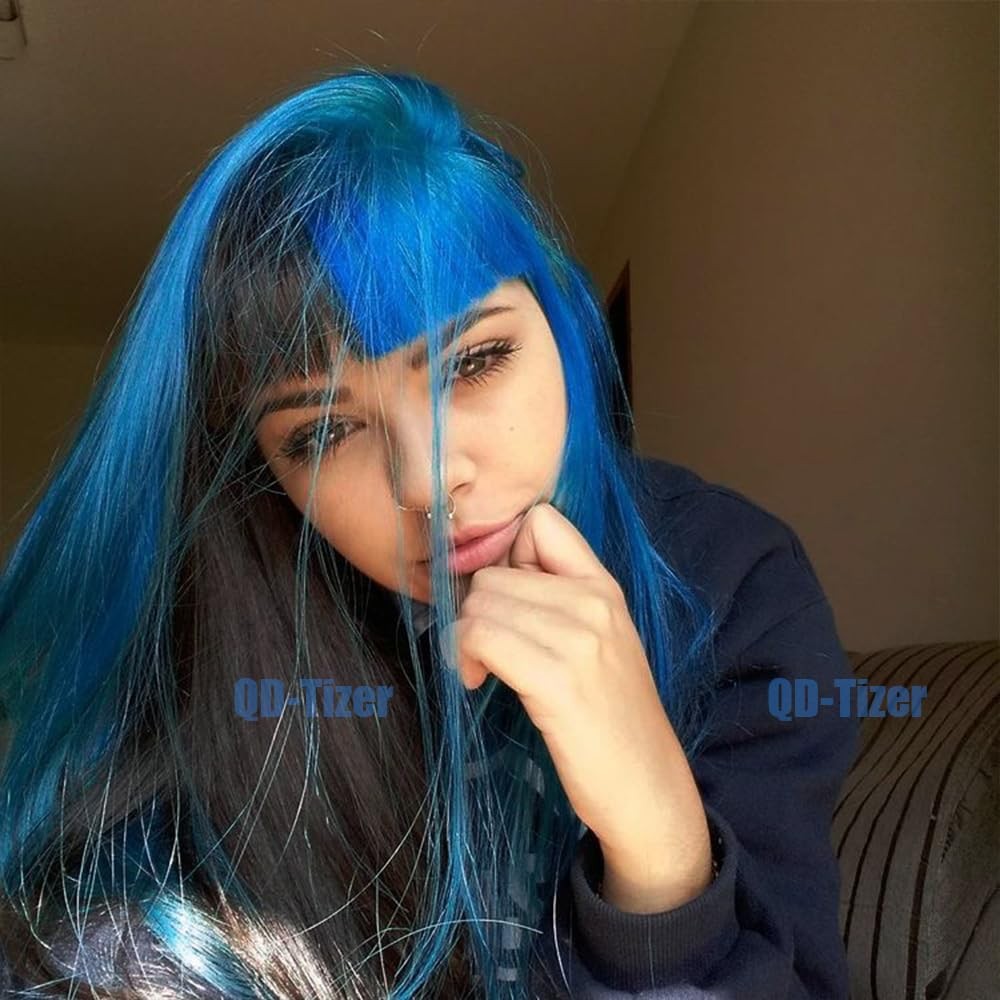 QD-Tizer Blue Highlights Black Synthetic Wig w/ Bangs – Glueless Heat Resistant