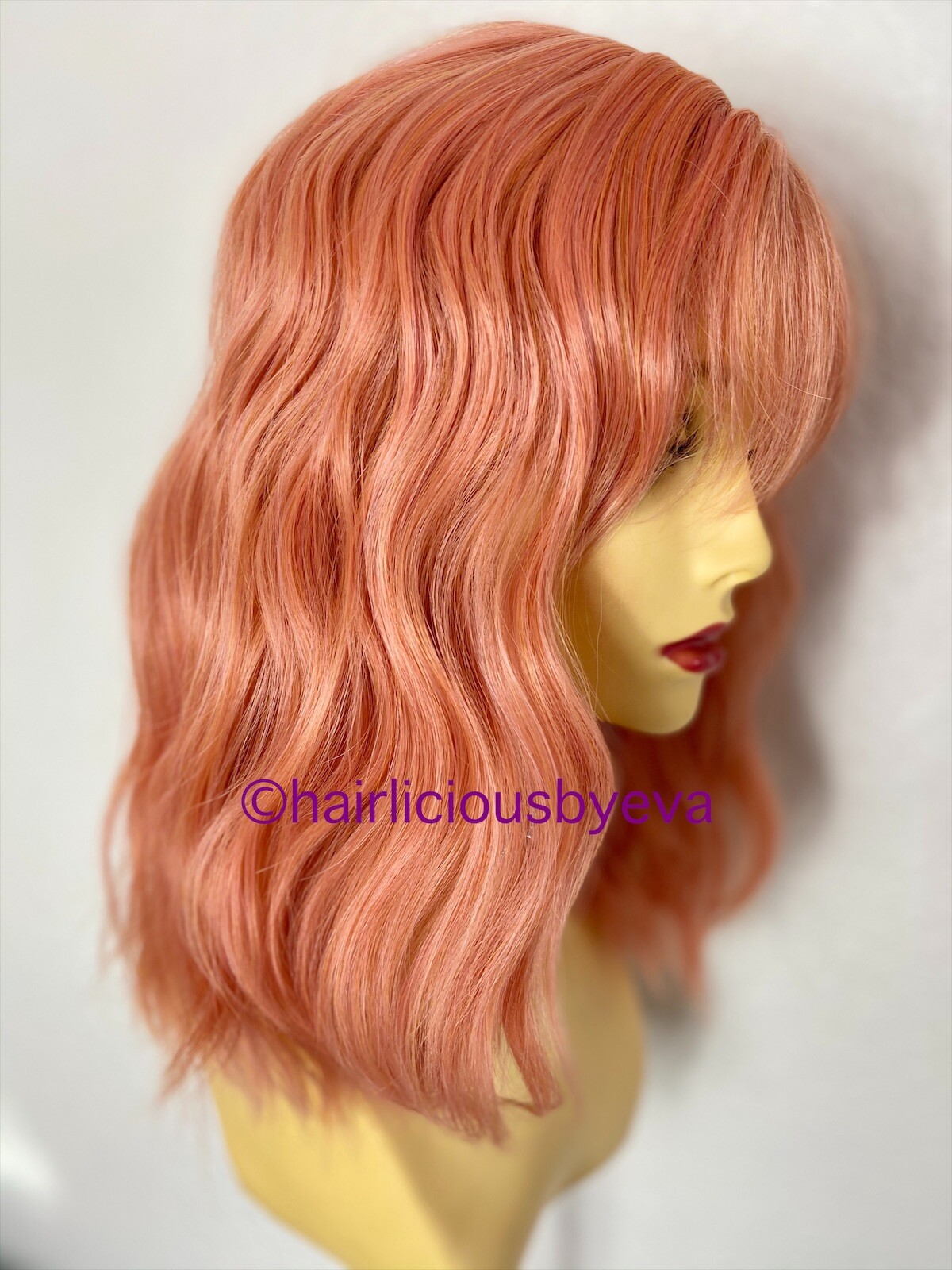 Pastel Rose Gold Pink Wig With Bangs Wavy 12 Inch Long Heat Resistance Ok