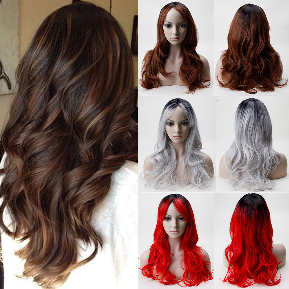 Cheap Ombre Blonde Brown Black Mix Full Wig Ladies Halloween Cosplay Hair Wigs W