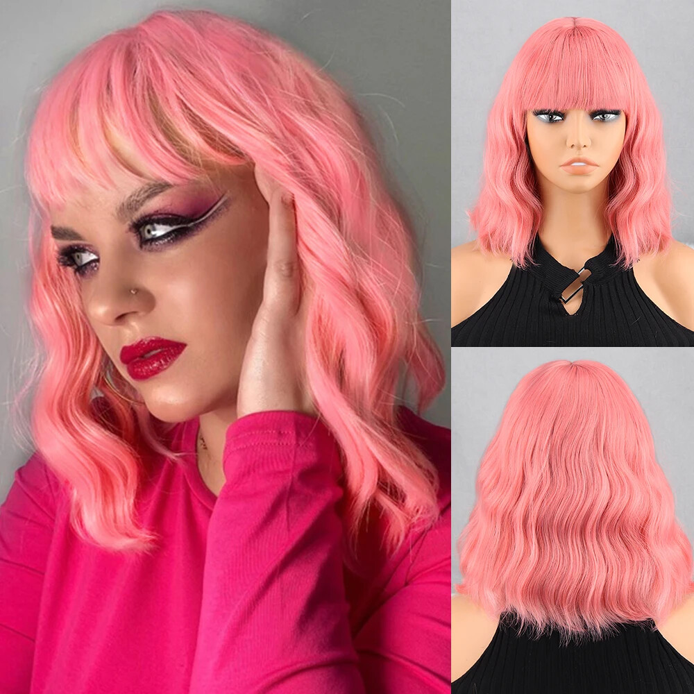 New Short Brown Synthetic Wig Women’s Bangs Dark Blue Pink Black Wig Party Use