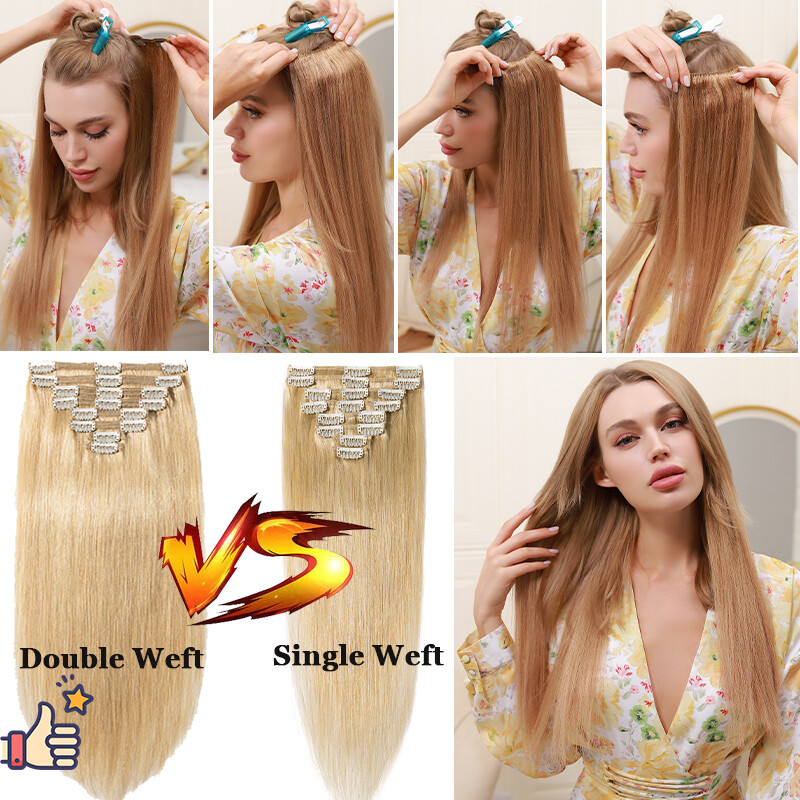 Double Weft Thick Clip in Real Human Remy Hair Extensions Balayage Full Head