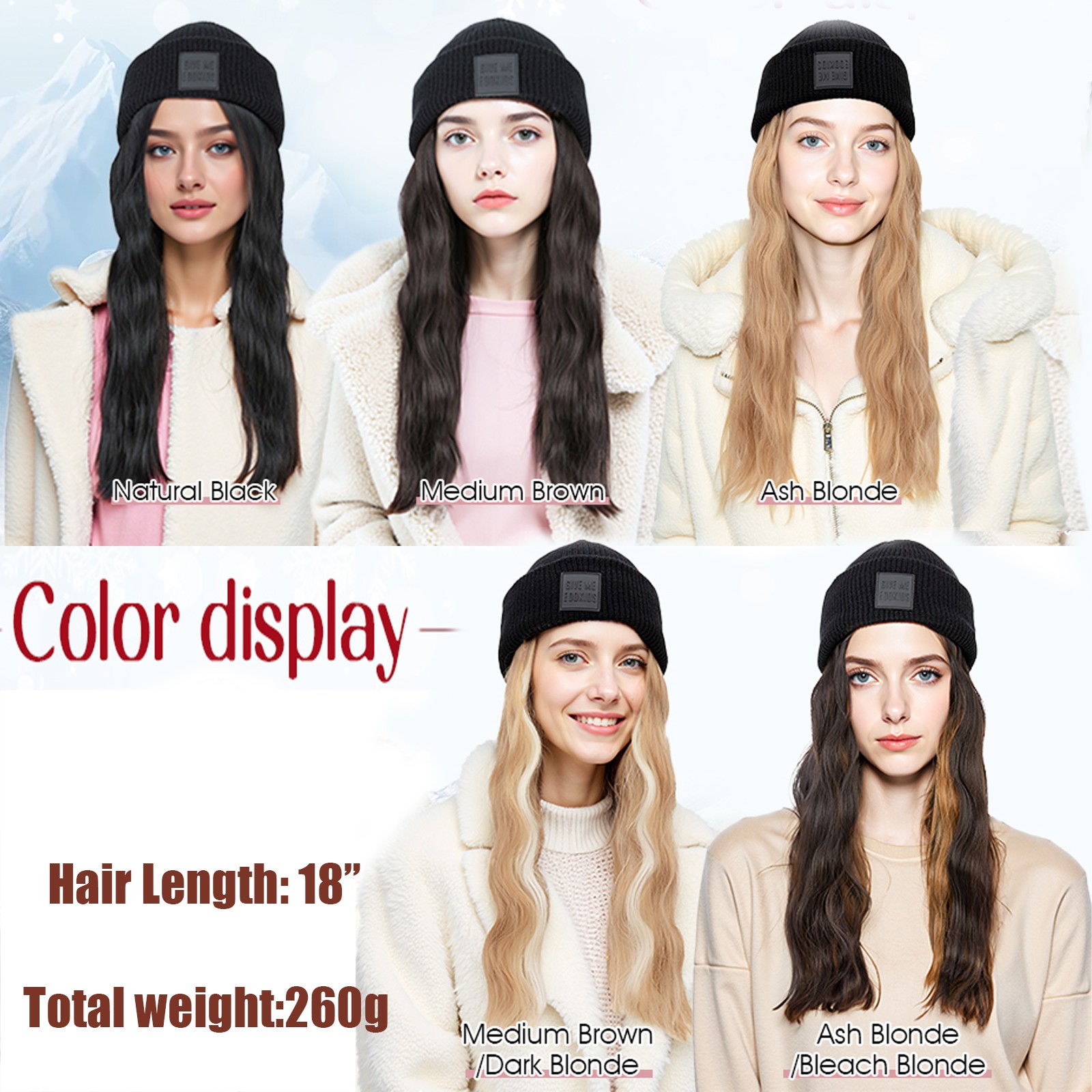Winter Warm Knit Beanie Hat with Long Wavy Straight Synthetic Hair Wig for Woman