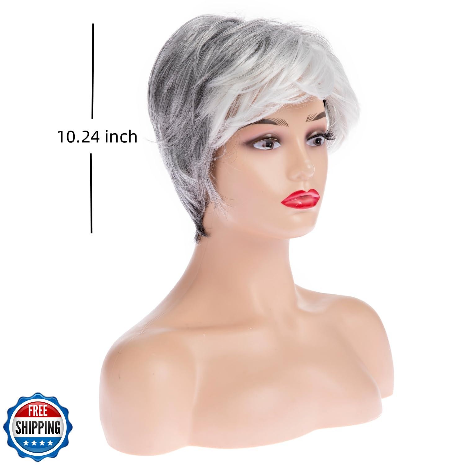 Beweig Short Gray Wigs for White Women Pixie Cut Wig with Bangs Natural Synth