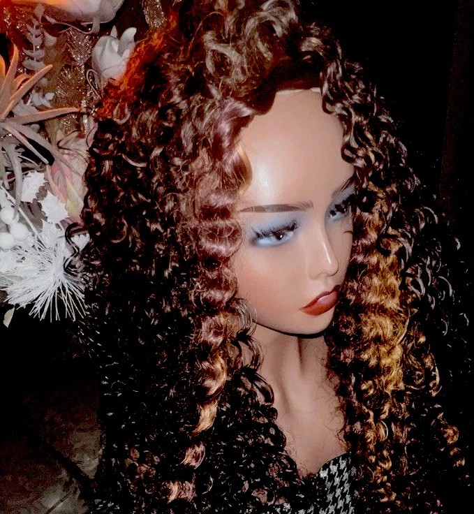 LONG LACE HUMAN HAIR BLEND WIG HONEY HIGHLIGHT THICK SPIRAL CURLS 1B/30 NEW