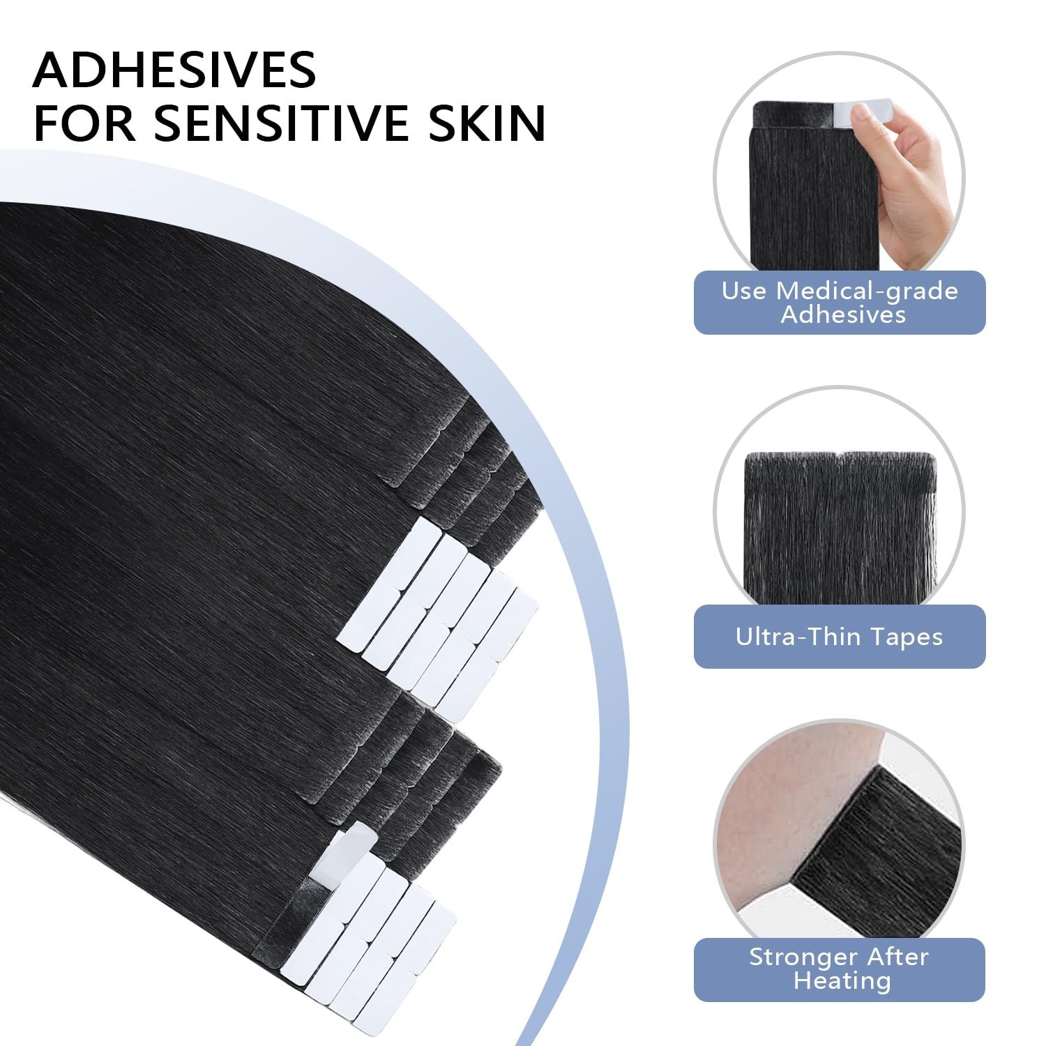 Invisible Seamless Tape-In Hair Extensions, Jet Black, 16 Inch, 20 Pcs, 35g Huma